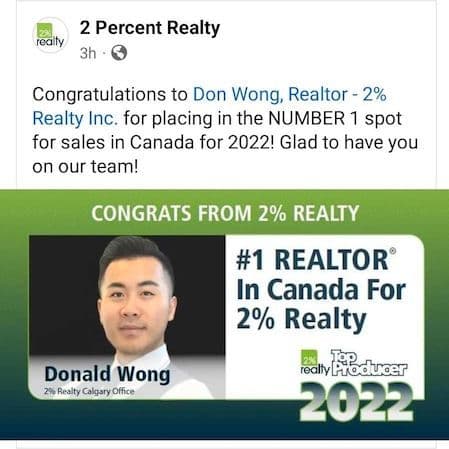 2 Percent Realty congratulates Don Wong as its number one Realtor in Canada for 2022