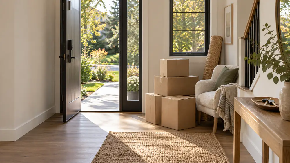 Packed moving boxes in a bright home entrance