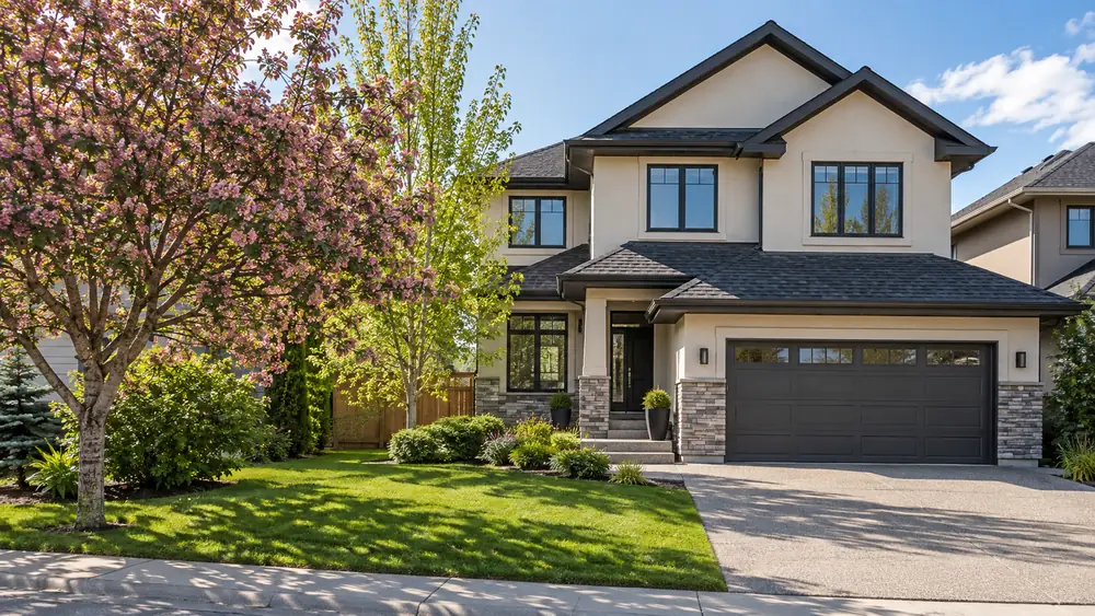 Detached home with a flowering tree and freshly prepared front garden