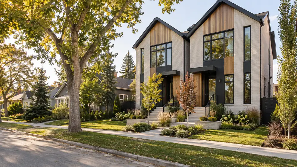 Contemporary semi-detached infill homes on a tree-lined street