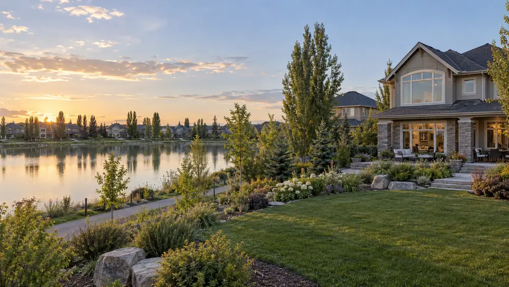 Illustrative lake-community setting with homes beside a landscaped waterfront