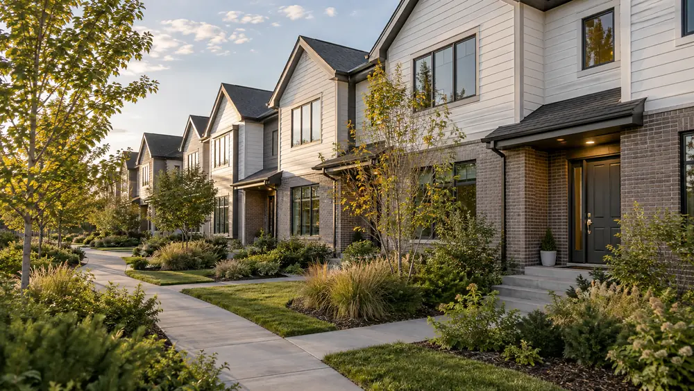 Modern townhomes with front paths and landscaped gardens