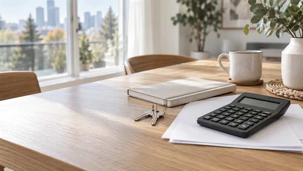 Calculator, notebook and house keys arranged for a home-selling budget