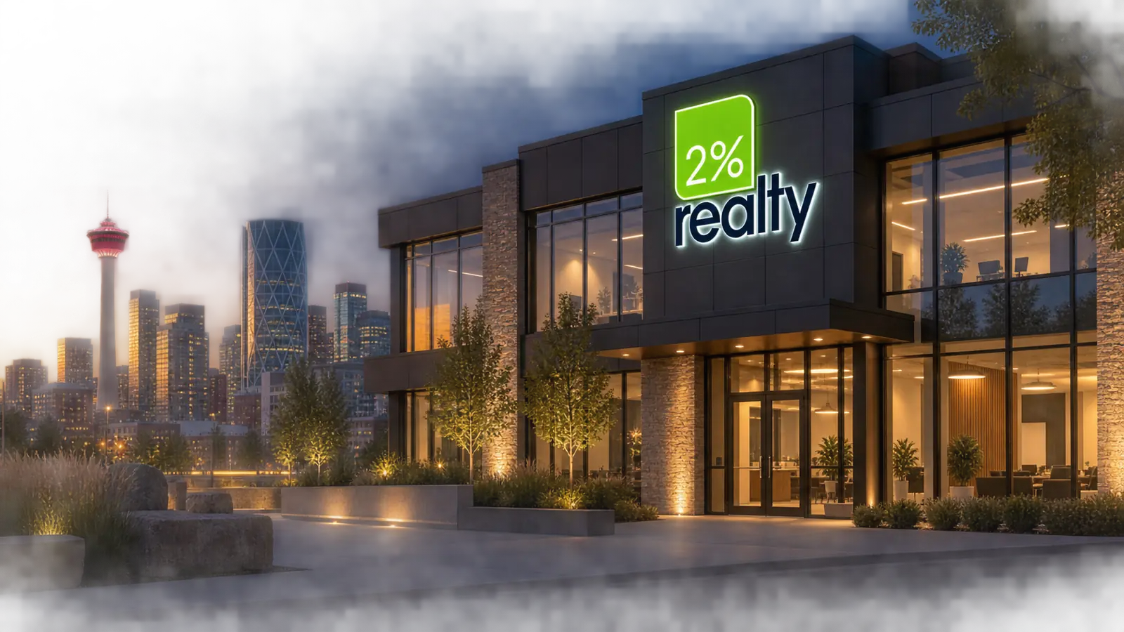 Original concept scene of a Calgary building with an illuminated 2% Realty sign at golden hour
